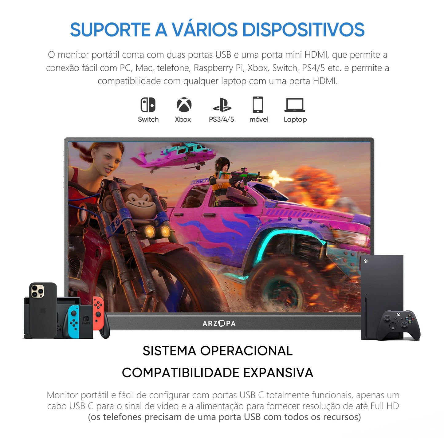 [produto no brasil] Novo ARZOPA 16.1 polegada 100% sRGB 144Hz Monitor de Jogos Portátil Display Laptop com Tipo C Mini HDMI Para PS4/5 Steam Deck Switch XBOX PC Mac, Z1FC