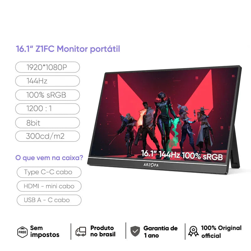 [produto no brasil] Novo ARZOPA 16.1 polegada 100% sRGB 144Hz Monitor de Jogos Portátil Display Laptop com Tipo C Mini HDMI Para PS4/5 Steam Deck Switch XBOX PC Mac, Z1FC