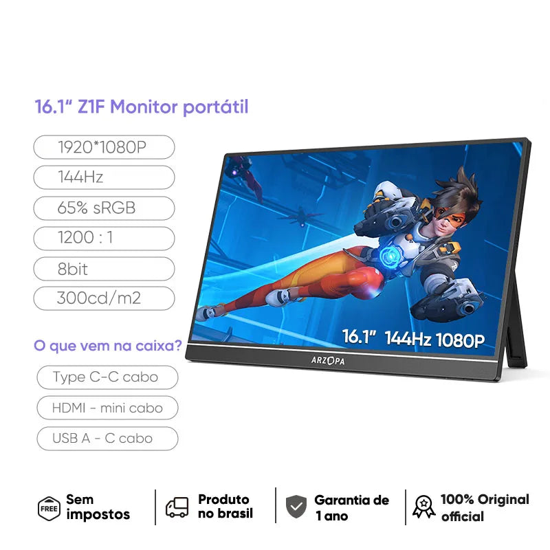 [produto no brasil] Novo ARZOPA 16.1 polegada 100% sRGB 144Hz Monitor de Jogos Portátil Display Laptop com Tipo C Mini HDMI Para PS4/5 Steam Deck Switch XBOX PC Mac, Z1FC